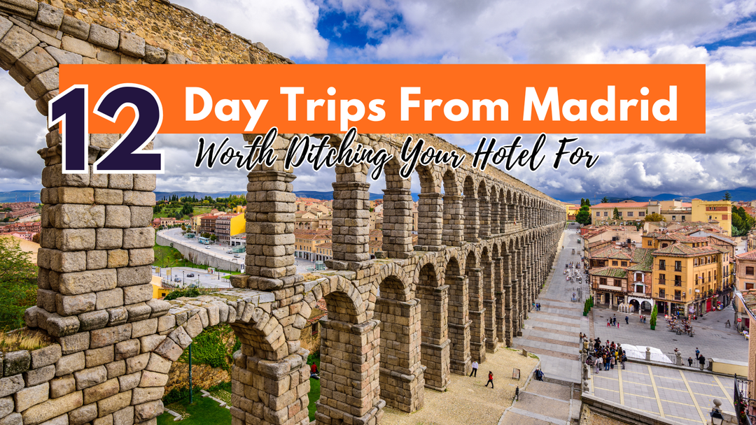 Travel guide banner for the best day trips from Madrid featuring the Segovia Aqueduct.