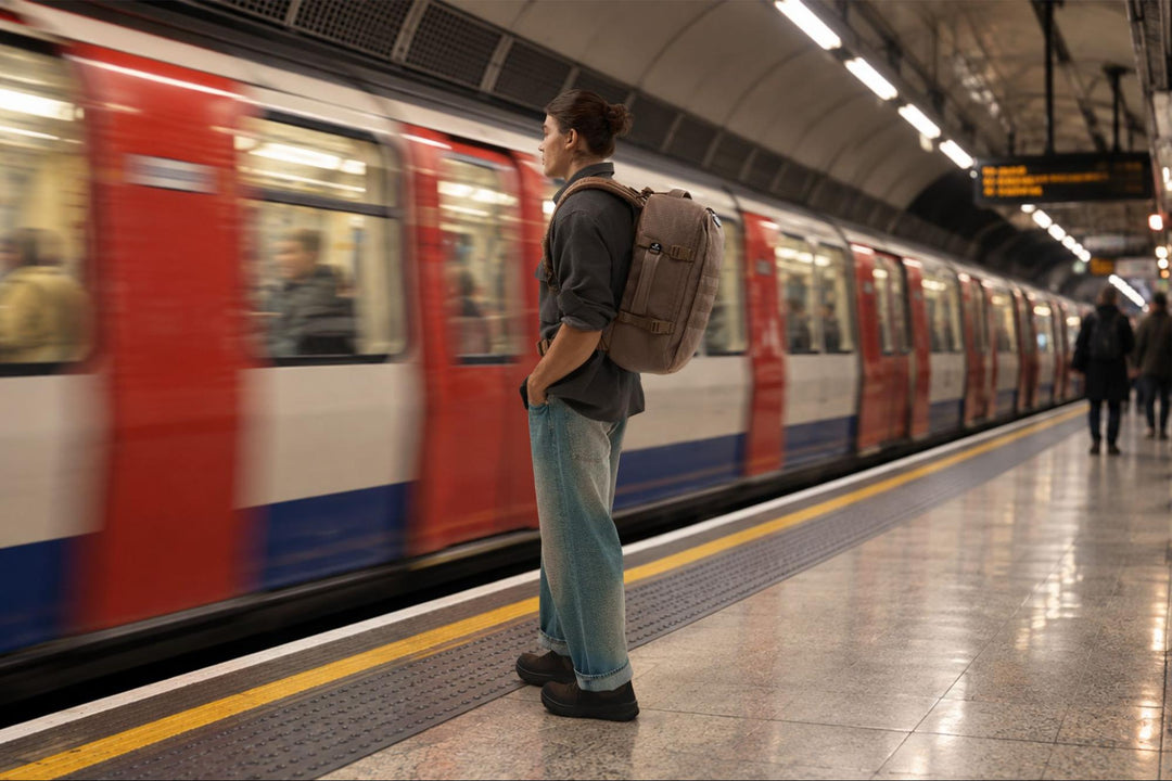 Traveller wearing a backpack while waiting on an underground platform as a train passes.